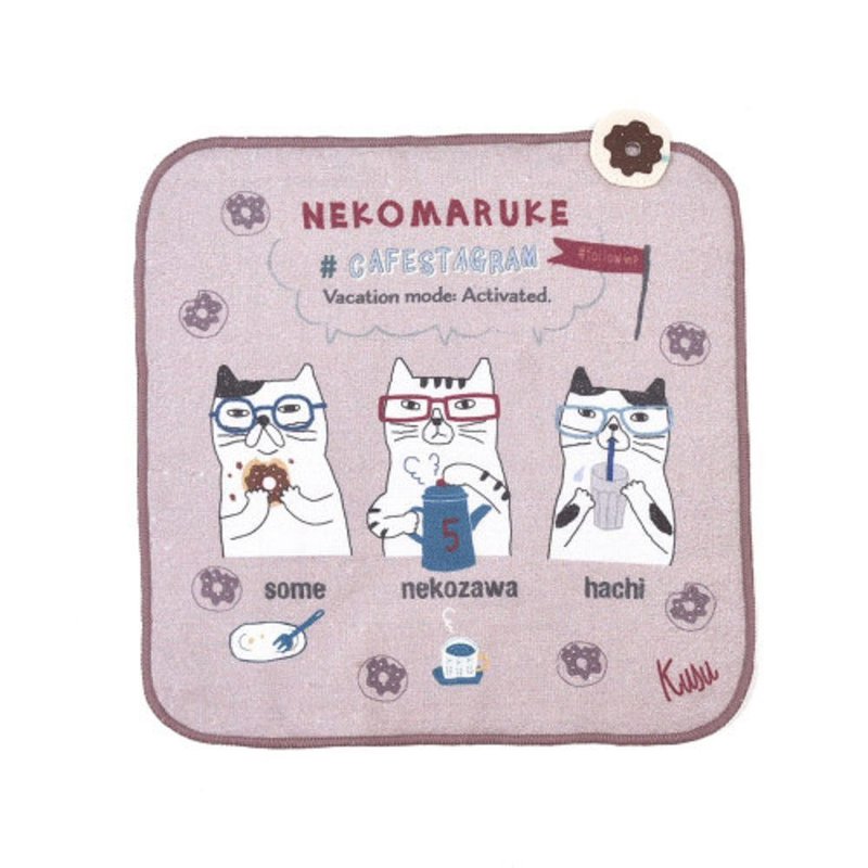 Kusuguru Japan Gauze Velvet Handkerchief Towel Japanese Spectacled Cat NEKOMARUKE Series-Plum Purple - ผ้าเช็ดหน้า - ไฟเบอร์อื่นๆ สีม่วง