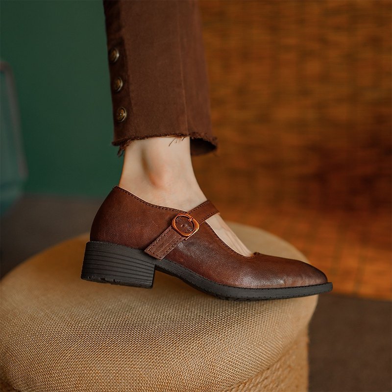 mary jane small leather shoes retro genuine leather women's shoes - รองเท้าหนังผู้หญิง - หนังแท้ สีดำ