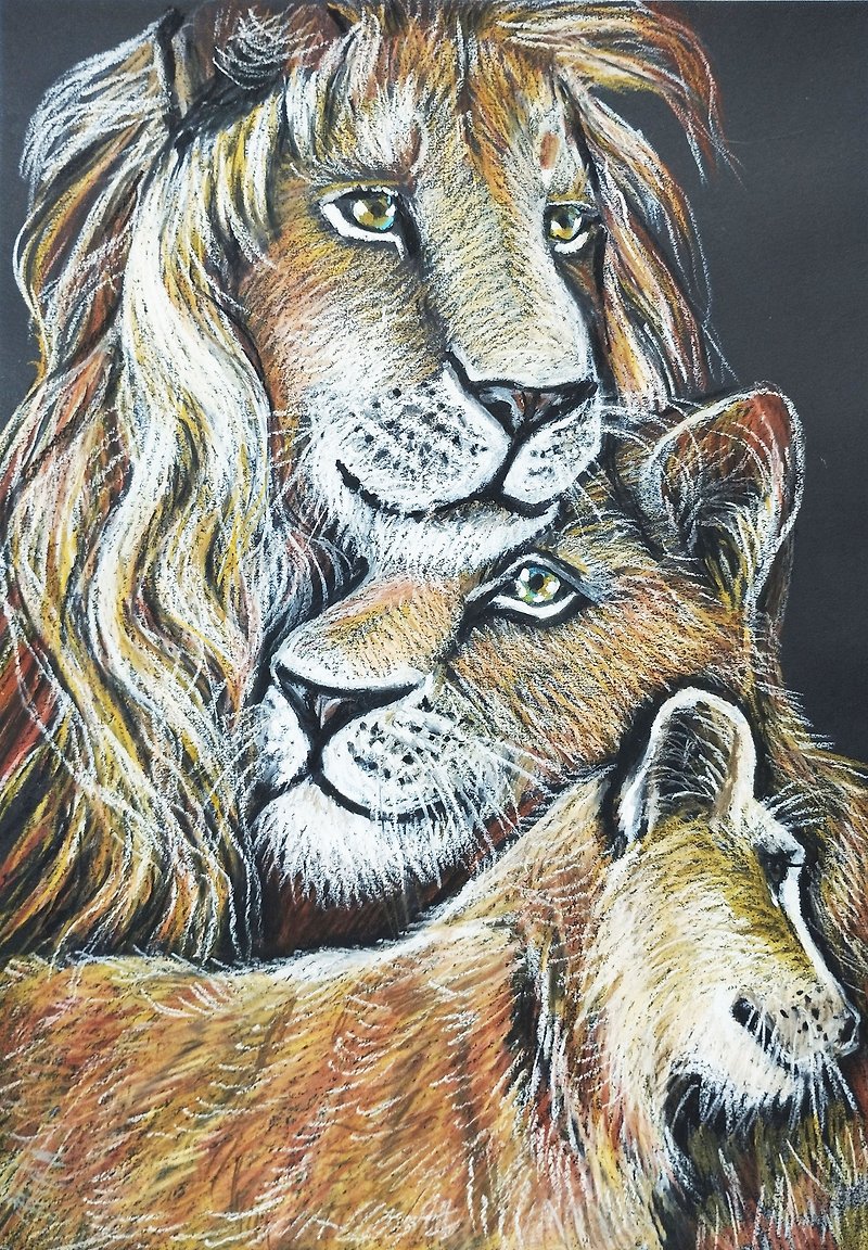 The family of Lions Oil Pastel Portrait Art animal painting family picture love - ตกแต่งผนัง - กระดาษ สีนำ้ตาล