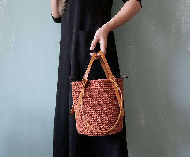 Bucket Bag from Handwoven Straw and Leather in Mix Black Green Orange /  Chaksarn - Shop Chaksarn Handbags & Totes - Pinkoi