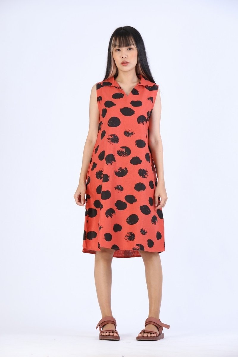 Short Dress Linen Hand Paint For Summer Beach Vacation - 洋裝/連身裙 - 棉．麻 紅色