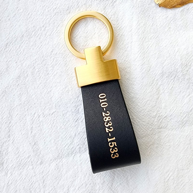Personalized Leather Keychain Free Custom Engraving Gift Handmade in Korea - 鑰匙圈/鑰匙包 - 真皮 黑色
