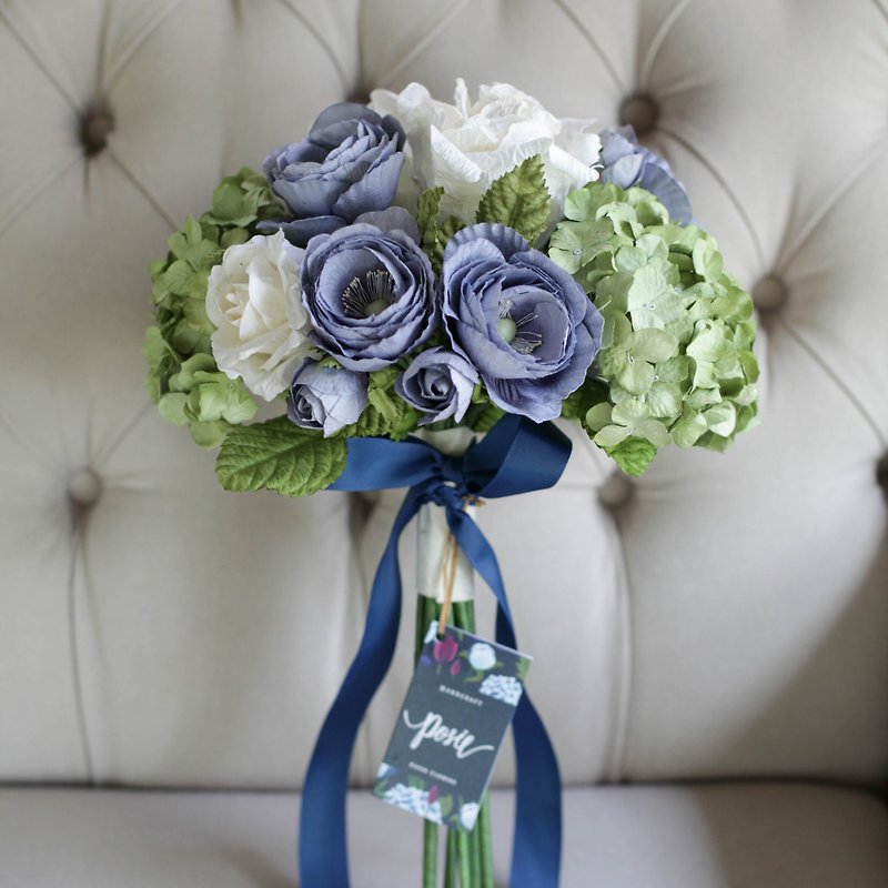 MB113 - Bridal Wedding Bouquet, Blue&Green - Wood, Bamboo & Paper - Paper Blue