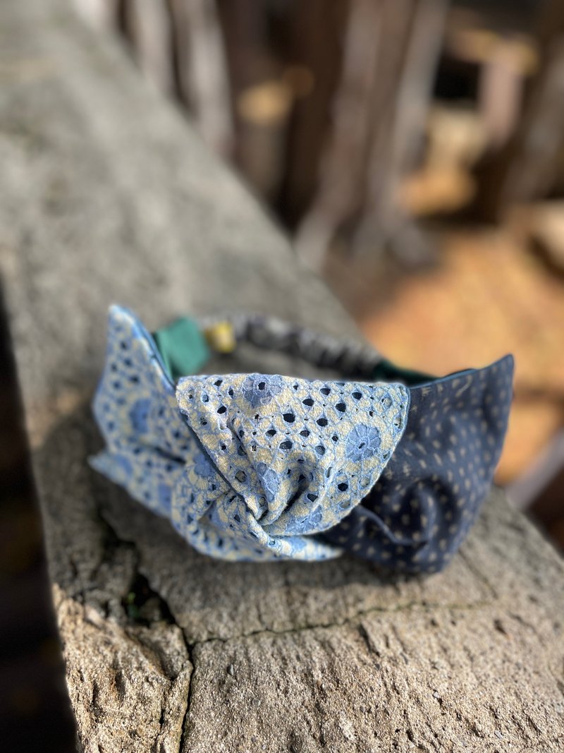 日系古布拼接蕾絲 鬆緊寬髮帶 - 髮箍/髮帶 - 棉．麻 藍色