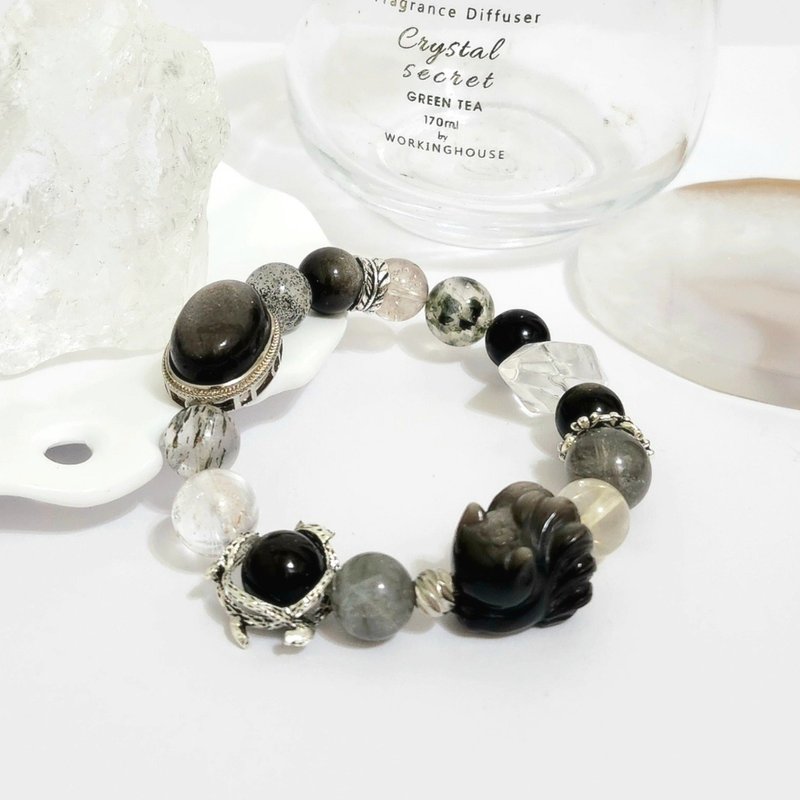 Silver Obsidian Nine-Tailed Fox Design Bracelet / Crystals paired for wealth, protection, enhanced intuition, and emotional balance - Bracelets - Crystal Black