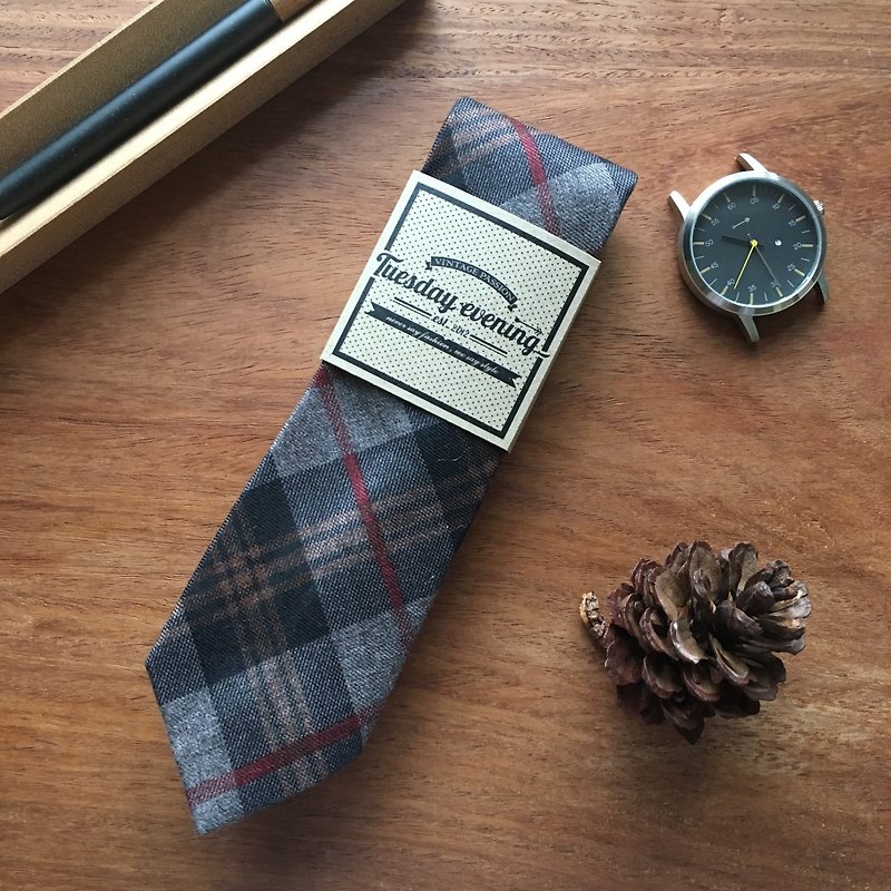 Necktie Grey Tartan - 領帶/領帶夾 - 棉．麻 灰色