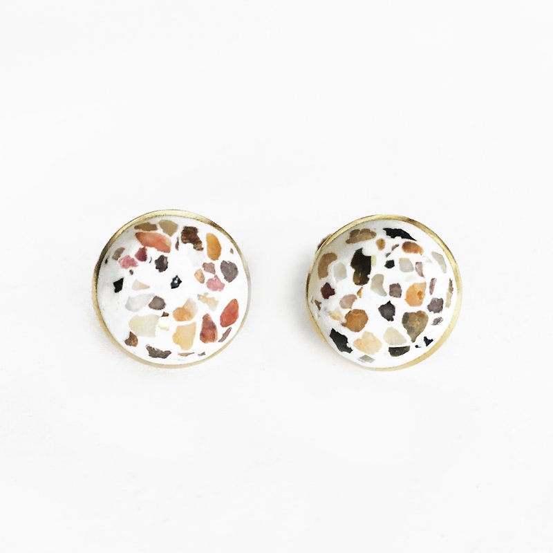 磨石子 團圓-白 Terrazzo 黃銅夾式耳環