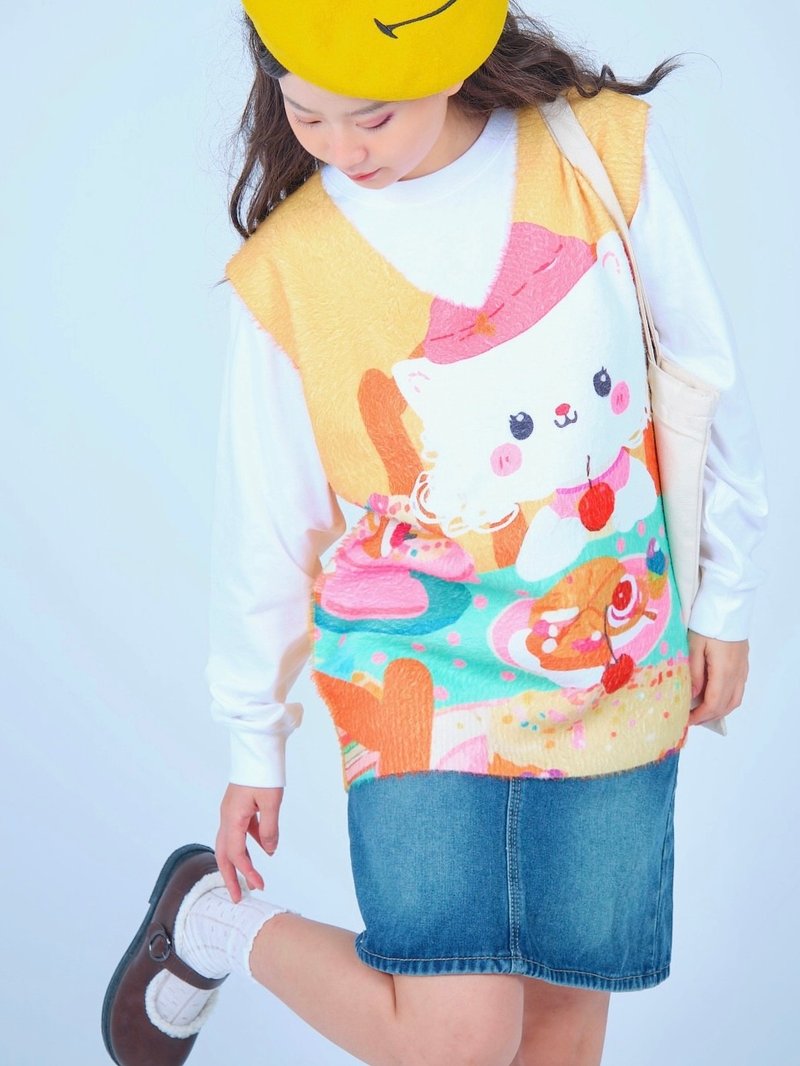 Meow Cat Chong Store Original Afternoon Tea Cat Sweater Vest - Women's Sweaters - Other Man-Made Fibers Orange