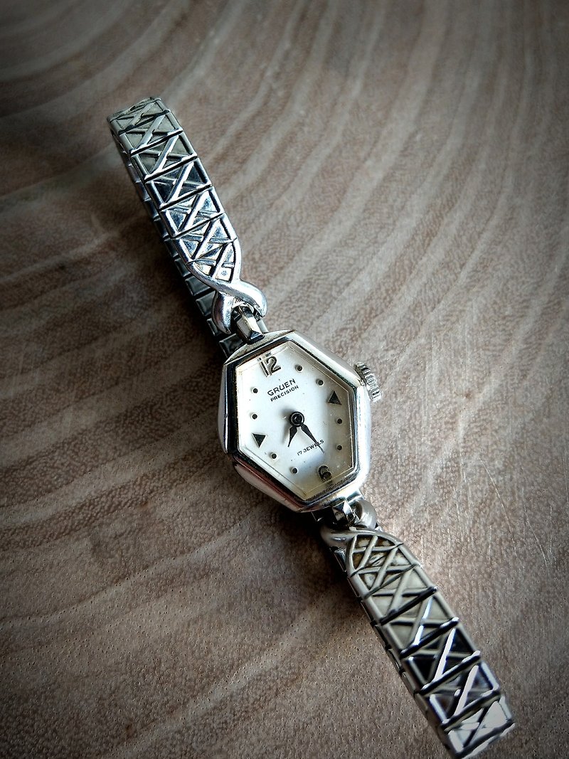Gruen_Antique 10K RGP BEZEL Diamond Design_Ladies 'Watch_Mechanical Clockwork - 腕時計 - 金属 シルバー