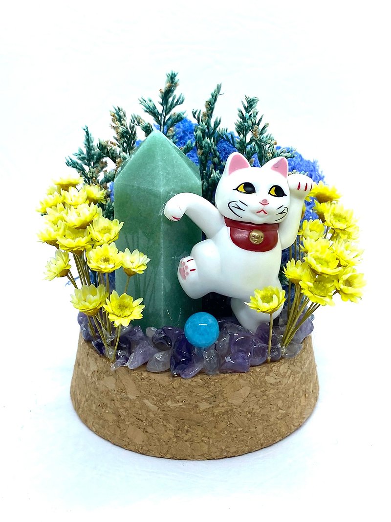 Lucky Cat and Green Aventurine Pillar/Aquamarine-Crystal Doll Dried Flower Arrangement - ของวางตกแต่ง - คริสตัล 