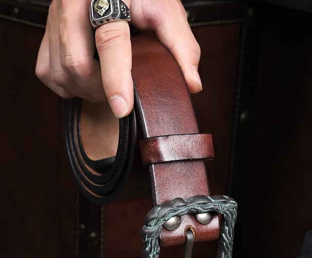 Vintage Genuine Leather Men's Belt Handmade Copper Pin
