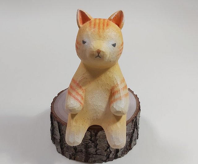 オレンジ色の猫の木彫りアートワーク - ショップ easycarving
