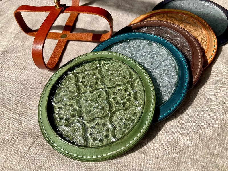 Vintage window grille leather hand-stitched coaster - Items for Display - Genuine Leather Multicolor