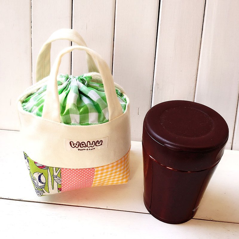 WaWu Mini Drawstring handbag(In the forest picnic - Green) - ถุงใส่กระติกนำ้ - ผ้าฝ้าย/ผ้าลินิน ขาว