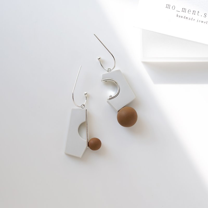 Inez Ivory original design handmade soft clay geometric lines simple sterling silver ear hook earrings - Earrings & Clip-ons - Pottery White