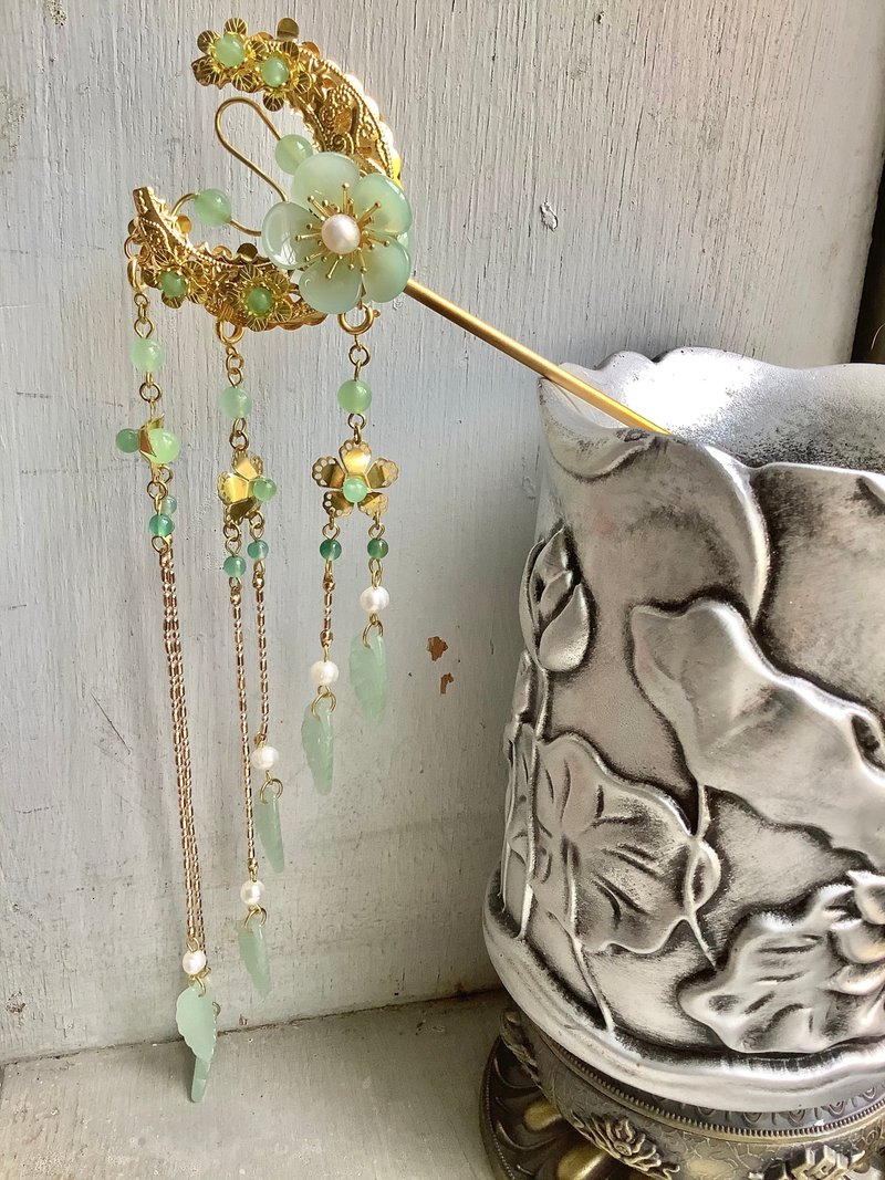 喵手作~月彎彎雙面髮簪/金、綠色系 - 髮夾/鯊魚夾 - 其他材質 綠色