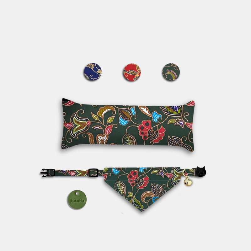 寵物貓咪派對禮盒 | 手工定制 Batik Green Cat Bundle Box - 項圈/牽繩 - 棉．麻 綠色