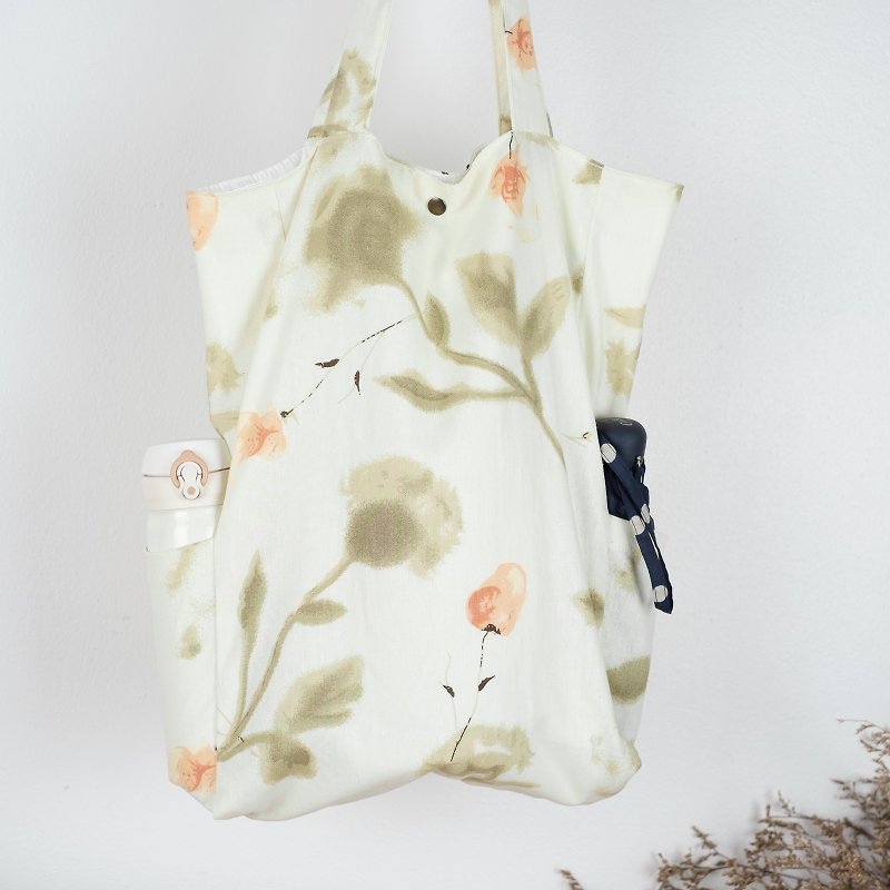 Jumbo Linen Tote Bag with 2 Side Pocket (Flora Pattern) - 手提包/手提袋 - 棉．麻 多色