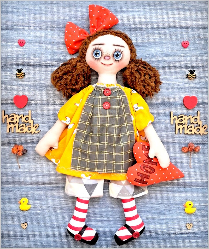 Raggedy Annie Doll Lola ,handmade Fabric doll, Primitive stuffed cloth doll,art - 公仔/玩偶 - 棉．麻 黃色