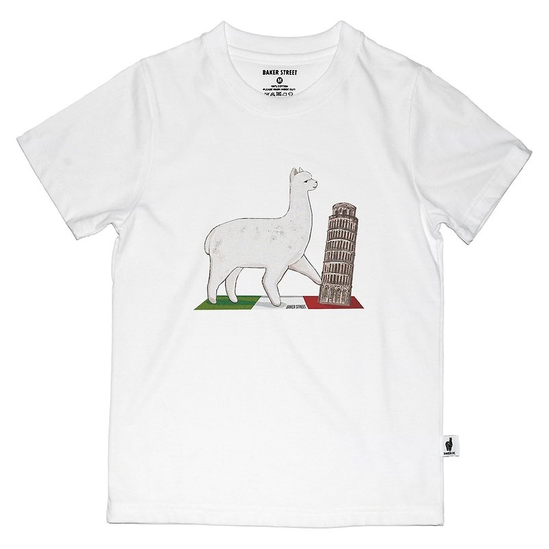 ผ้าฝ้าย/ผ้าลินิน เสื้อยืด ขาว - British Fashion Brand -Baker Street- Alpaca in Italy Printed T-shirt for Kids
