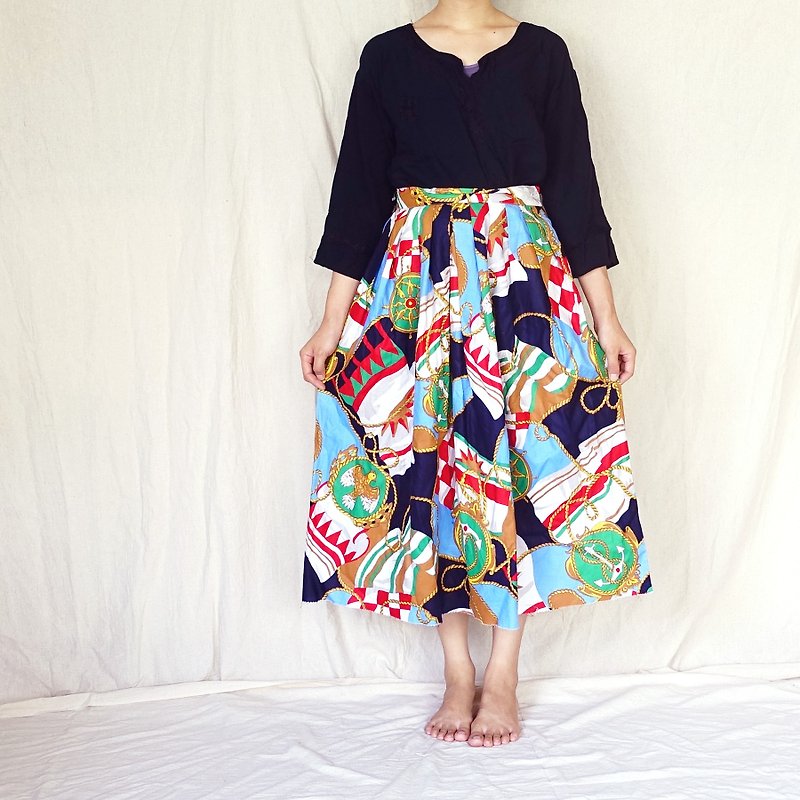 BajuTua / Vintage / American 80's Herman Geist Marine impression and knee-length skirt - Skirts - Cotton & Hemp Multicolor