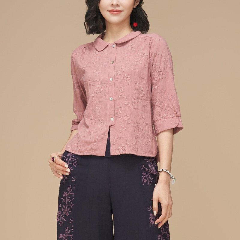 古典美 刺繡前開翻領上衣【53011】 - 女上衣/長袖上衣 - 棉．麻 粉紅色