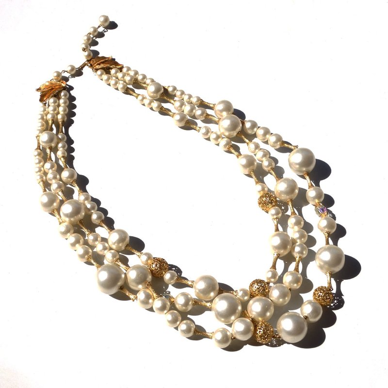 70s gold tone leaf parts × fake pearl vintage triple necklace - 項鍊 - 其他材質 白色