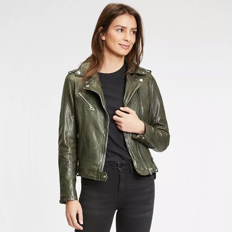 [Germany GIPSY] Famos LAOSV asymmetric zipper knight sheepskin jacket | olive green - Women's Blazers & Trench Coats - Genuine Leather Green