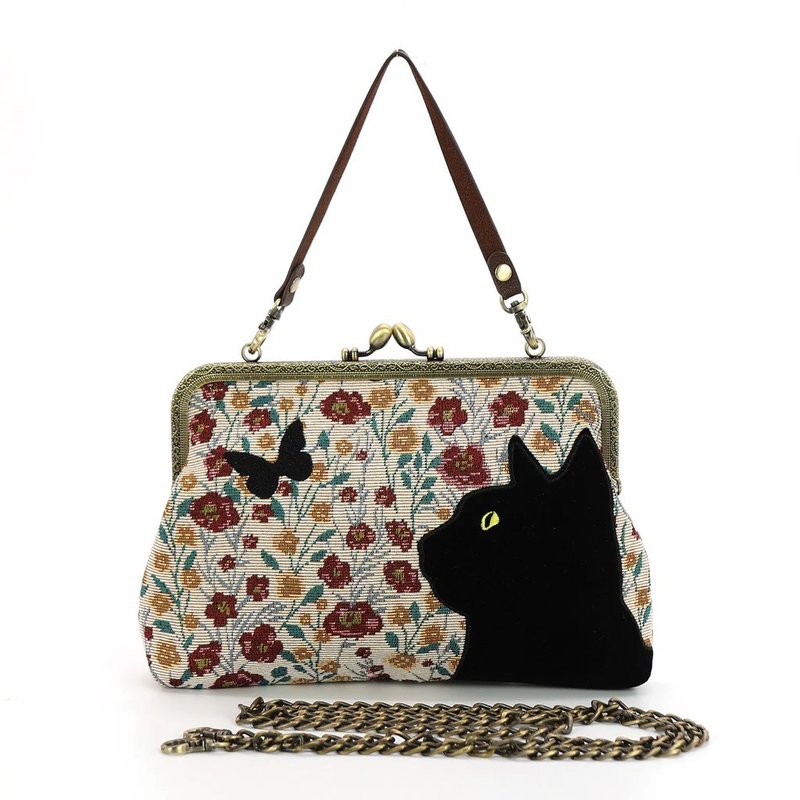 Floral Black Cat Kisslock Bag - กระเป๋าแมสเซนเจอร์ - ผ้าฝ้าย/ผ้าลินิน หลากหลายสี