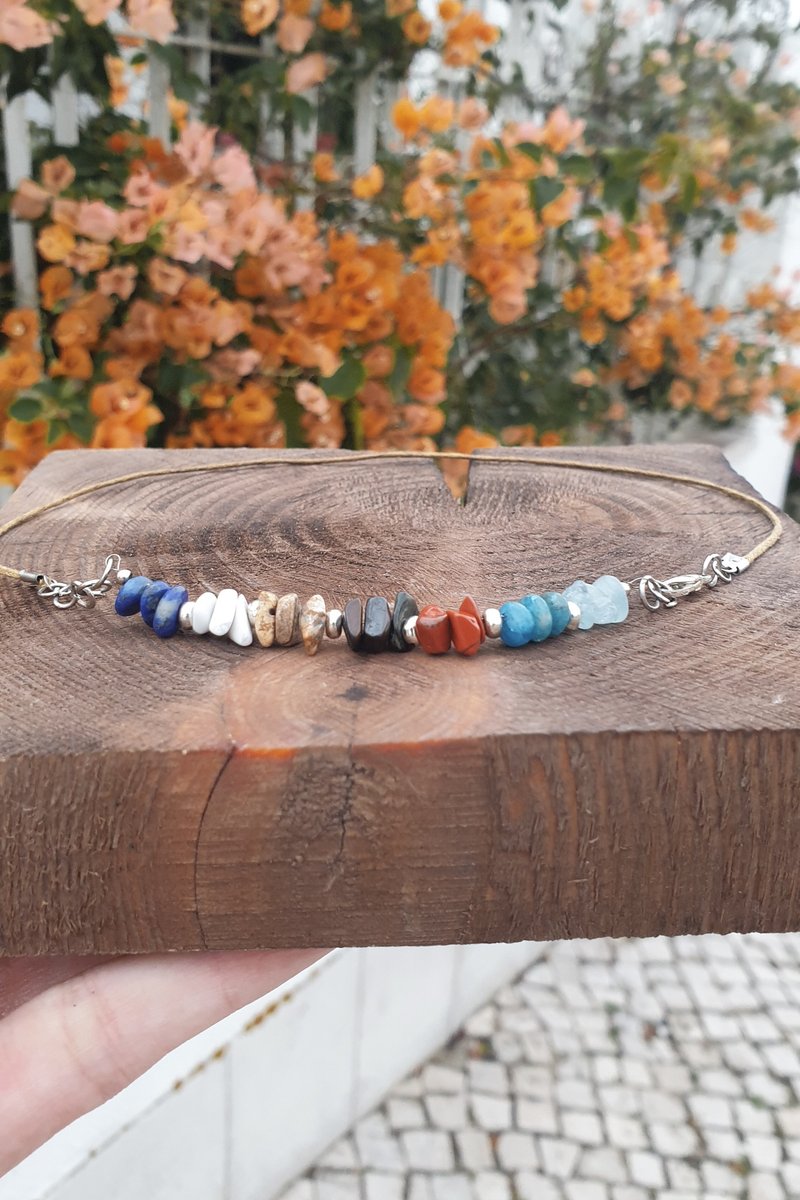 Choker, natural stones, jasper, lapis lazuli, apatite, aquamarine, tigers eye - 項鍊 - 寶石 多色