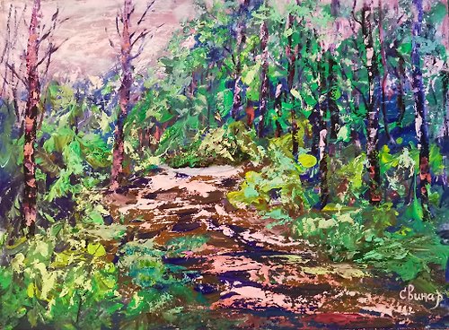Original oil painting artist Svinar Oksana Oil Painting Forest Path Sun Abstract Impasto Art Original Artist Svinar Oksana