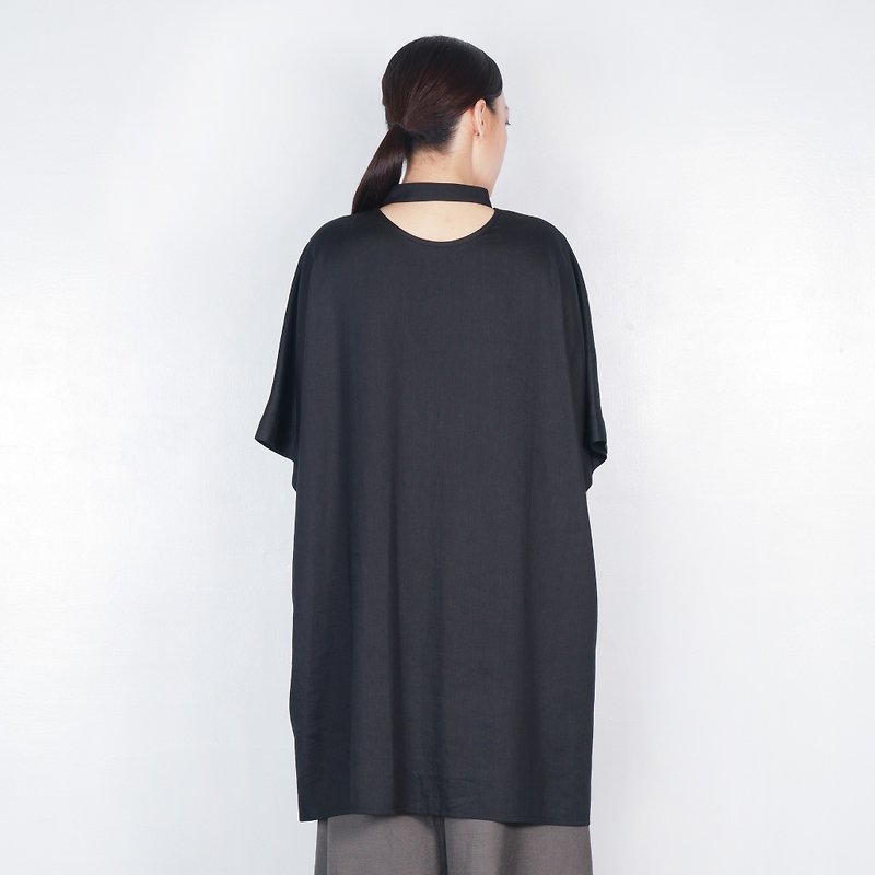 Side extension loose black dress - One Piece Dresses - Cotton & Hemp Black