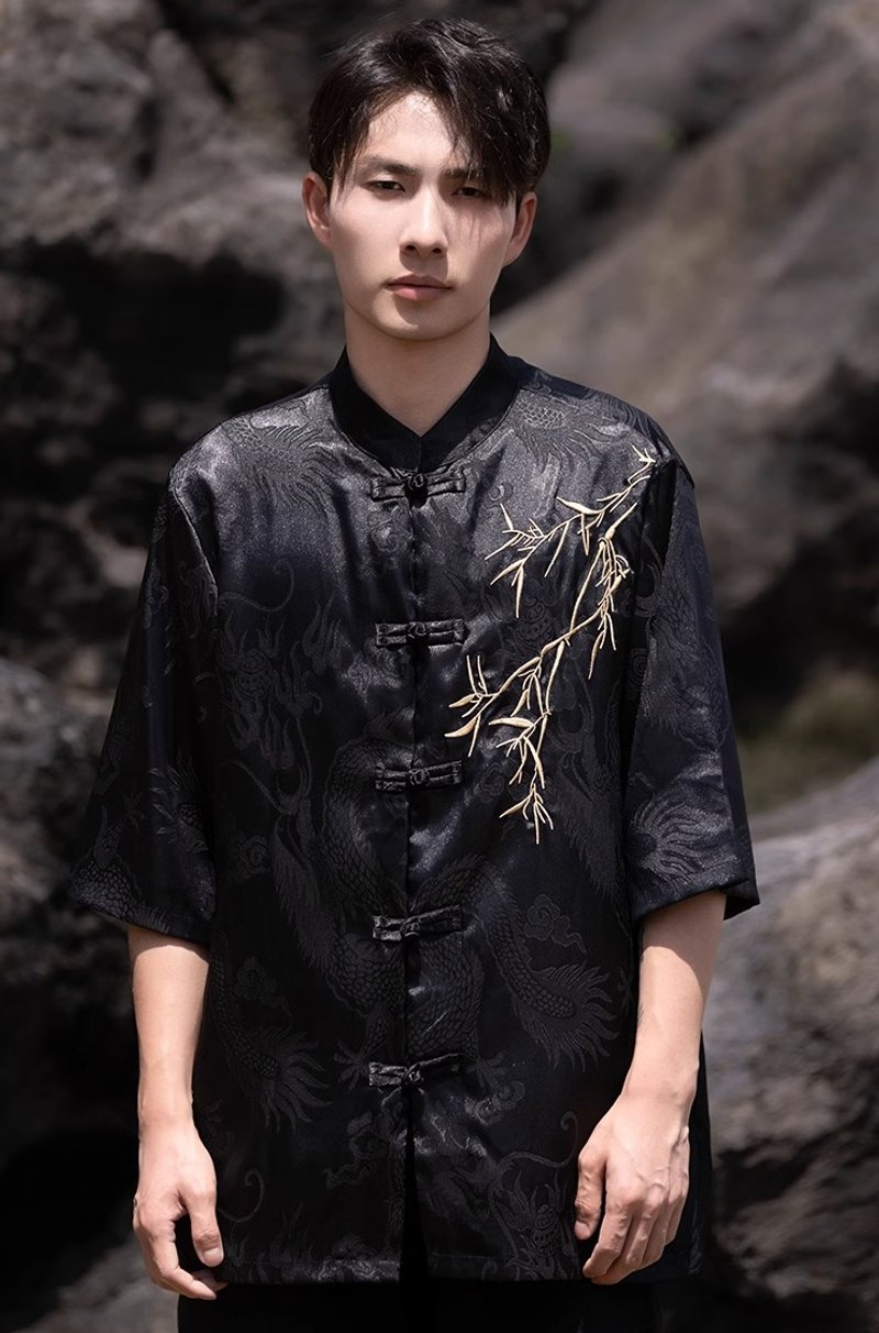 新中式復古 竹葉刺繡短袖襯衫 - 男襯衫/休閒襯衫 - 其他材質 黑色