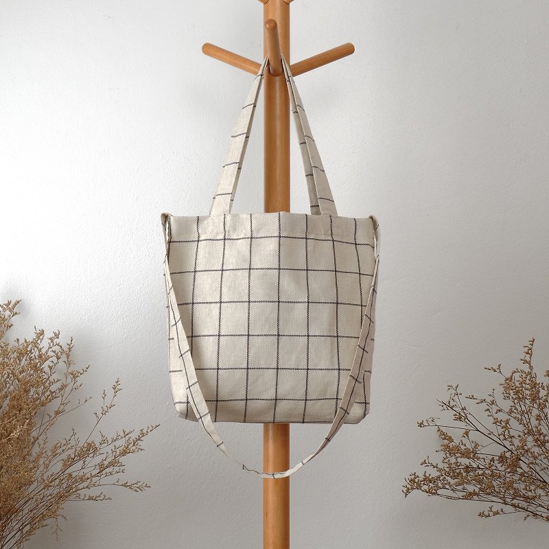 Natural Checkered Linen Tote Bag - กระเป๋าแมสเซนเจอร์ - ผ้าฝ้าย/ผ้าลินิน สีกากี