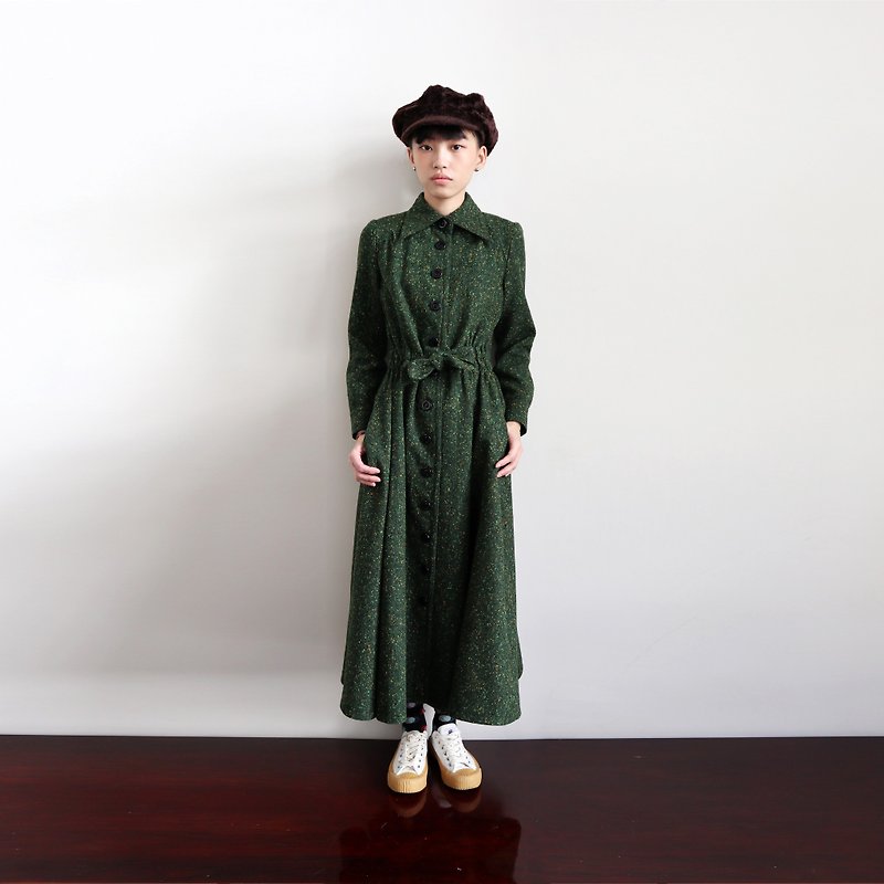 南瓜Vintage。古著綁帶點紗厚料洋裝 - 連身裙 - 羊毛 綠色