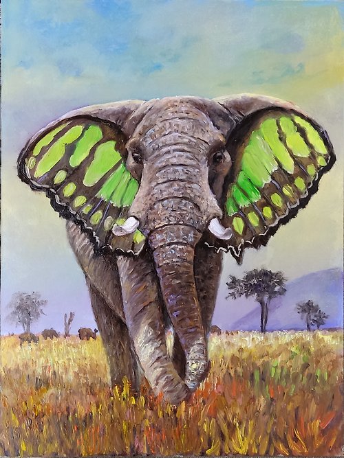SElenaVArt 大象耳朵綠色蝴蝶手油畫薩凡納野生動物藝術品