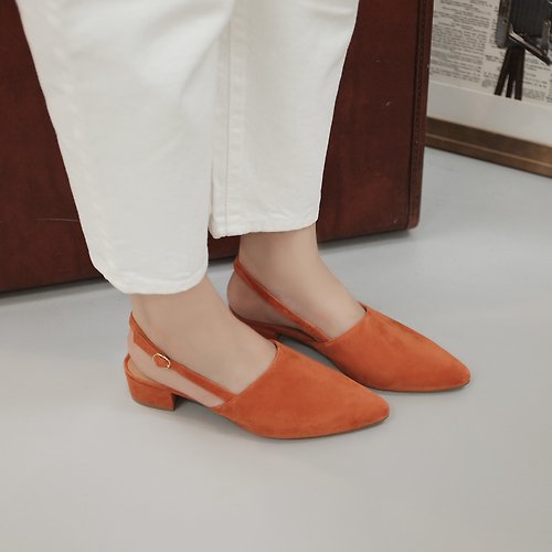 MajorPleasure 女子鞋研究室 柔軟麂皮! 夏日印象派中跟涼鞋 橘紅 全真皮 MIT -睡蓮