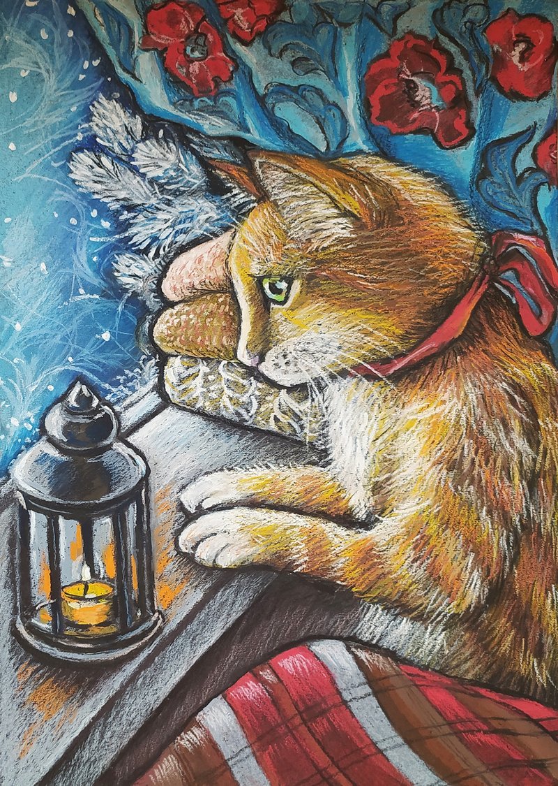 Portrait of a cat painting animal art oil pastel cozy art - 壁貼/牆壁裝飾 - 紙 藍色