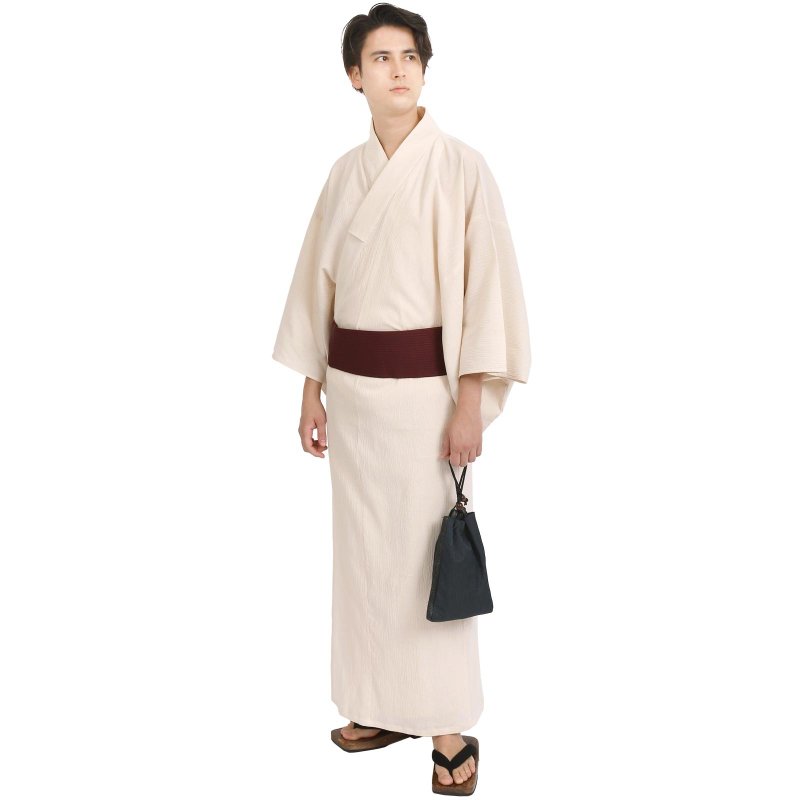 日本 和服 男 楊柳 浴衣 腰封 2 件 套組 M-5L 米白 z38-01 - 其他 - 棉．麻 白色