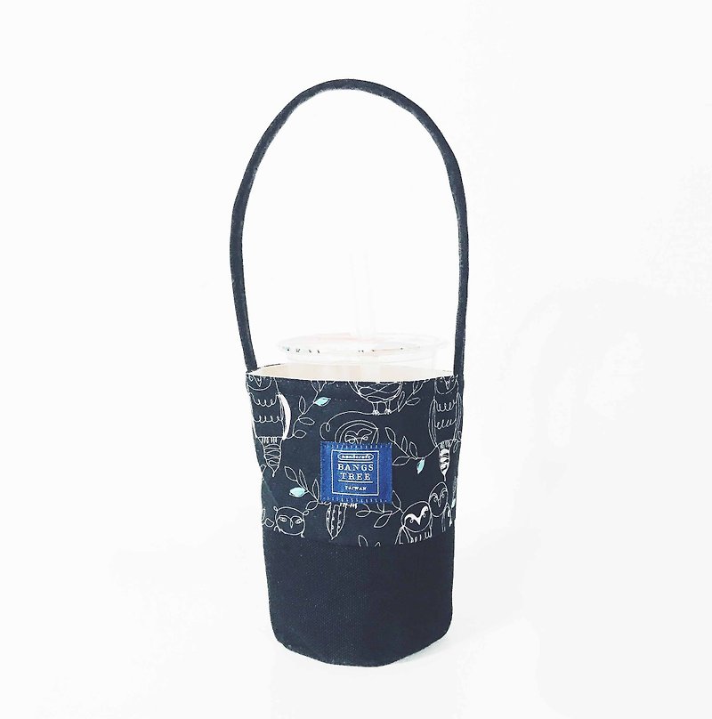 Drink bag - black line owl - Beverage Holders & Bags - Cotton & Hemp Black