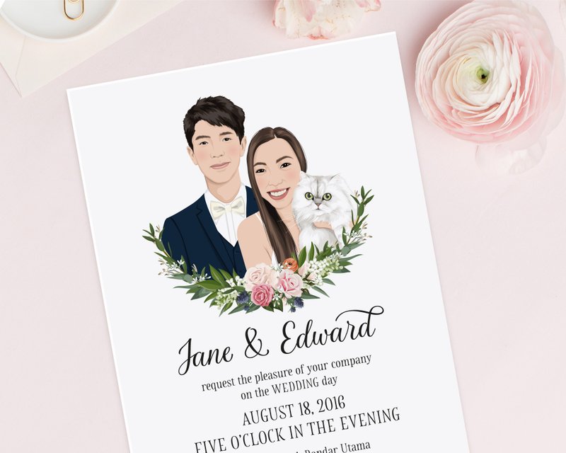 Illustrated wedding invitation with custom portraits. Custom printable invites. - 電子喜帖/賀卡/邀請函 - 其他材質 