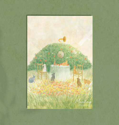 manting illustration 插畫明信片 - 音樂森林裡的兔子們