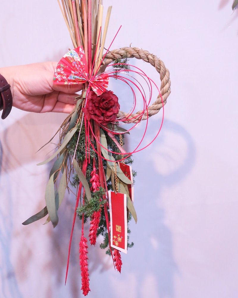24H出貨 祈福注連繩  福至千代杉玫瑰  乾燥花新年擺飾  - 裝飾/擺設  - 植物．花 紅色