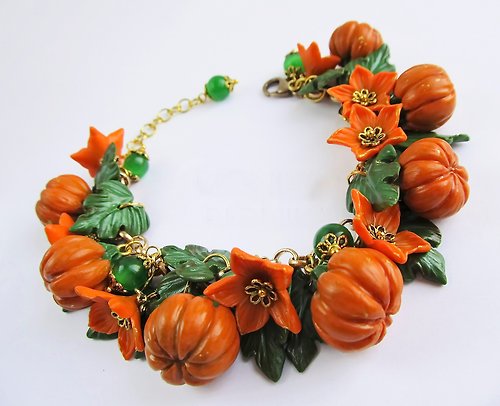 BionikaStore Pumpkin bracelet clay Orange Flower Miniature pumpkin Vegetables floral bracelet