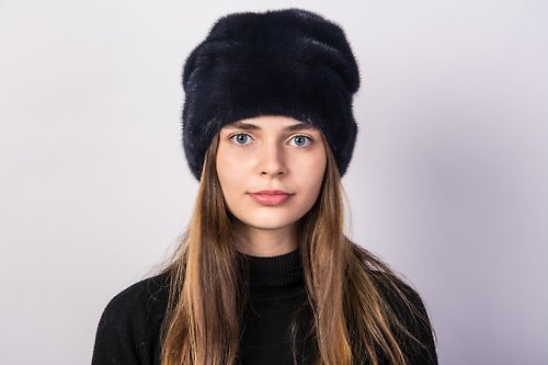 FurStyleUA Women winter fur hat high luxury real mink hat with rhinestone buckle handmade