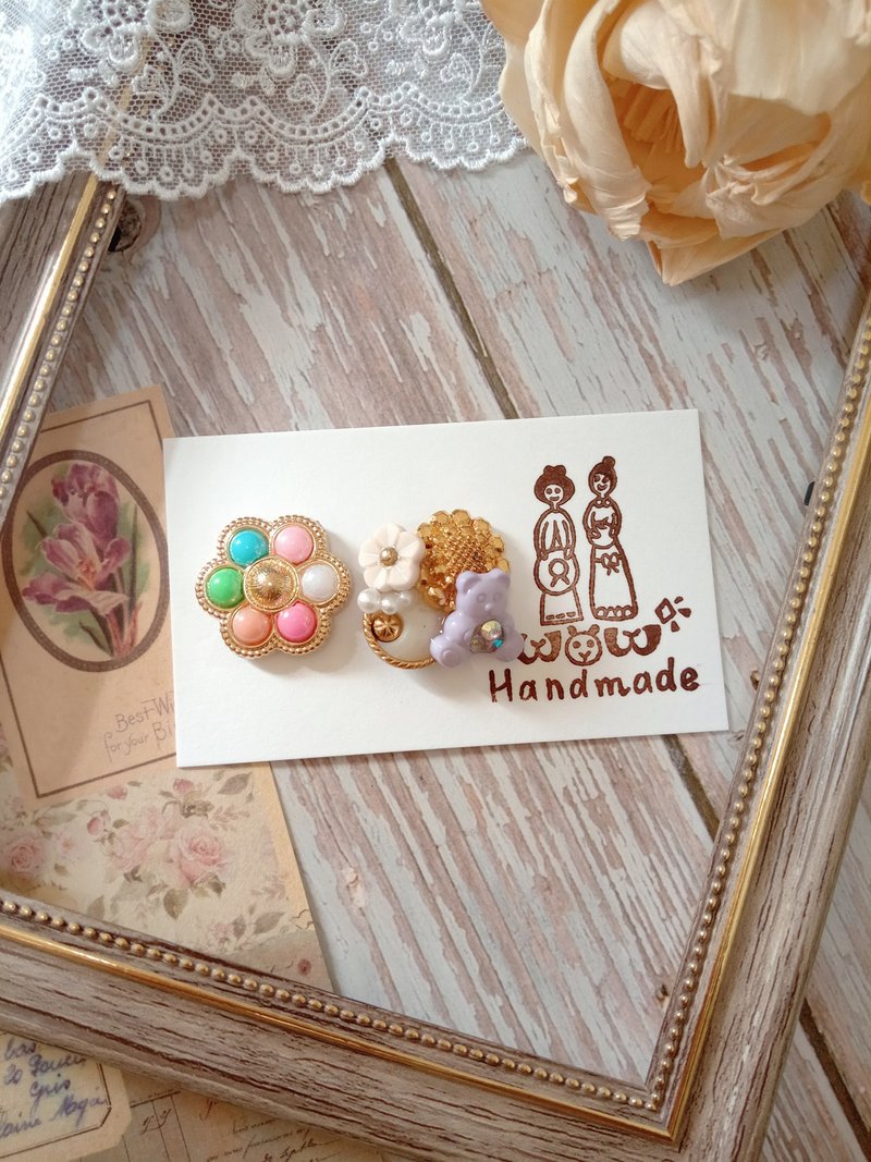 wow Handmade-熊熊糖果屋鈕扣耳環/耳針/耳夾 - 耳環/耳夾/耳骨夾 - 其他材質 