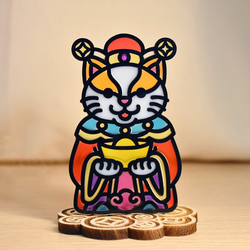【モコ・バステト】福の神 猫ゴールドコイン 木製スタンド 卓上 - 置物 - レジン 多色