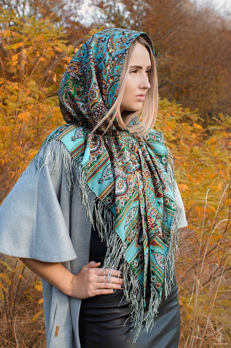 Pavlovo Posad Russian Shawl 100% Wool Scarf Wrap Silk Fringe 125x125 cm 598-52 - 絲巾 - 羊毛 綠色