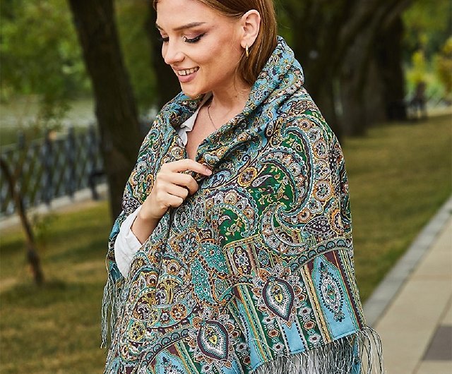 Wool shawl wrap for woman Russian Pavlovo Posad Scarf with Silk Fringe –  779 – Stranger 89cm x 89cm – Folk & Style