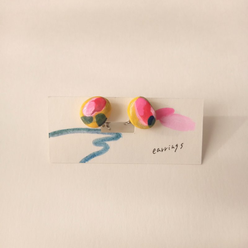 Clip-On colorful one-of-a-kind hand-painted stone powder clay - Earrings & Clip-ons - Clay Yellow